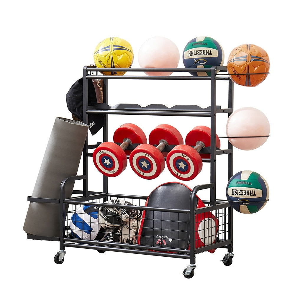 4 Tier Metal Storage Rack With Rolling Wheels Yoga Mat Organizer, Larger Ball Storage Rack