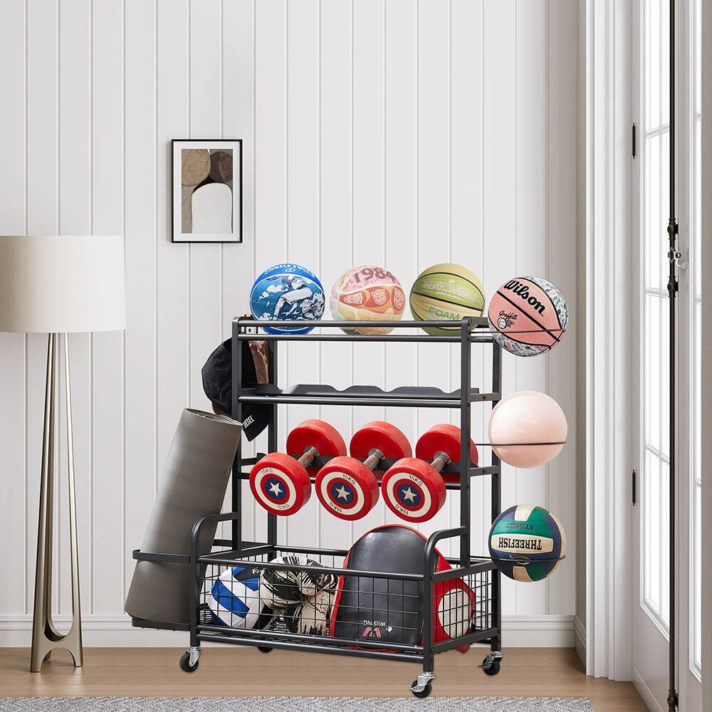 4 Tier Metal Storage Rack With Rolling Wheels Yoga Mat Organizer, Larger Ball Storage Rack