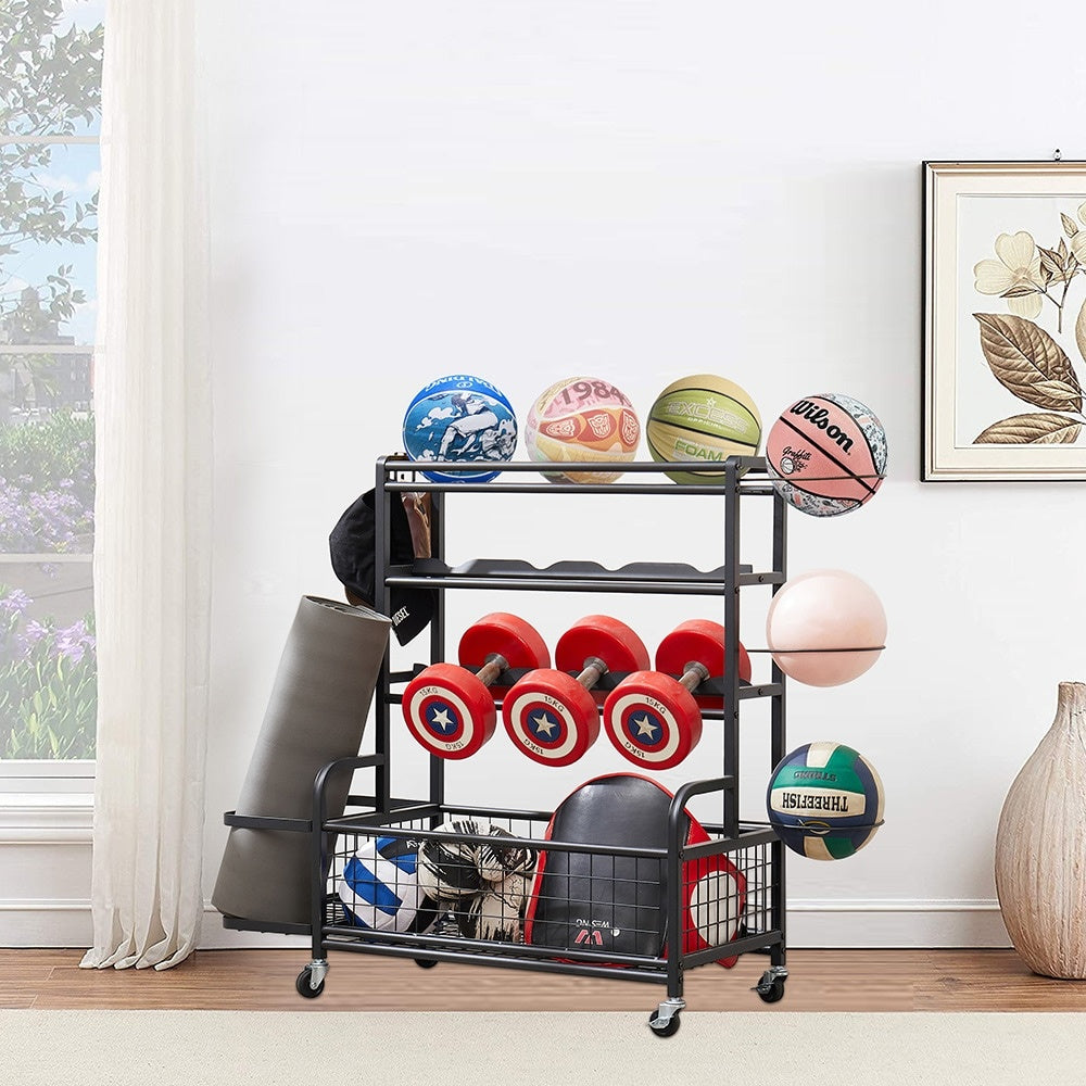 4 Tier Metal Storage Rack With Rolling Wheels Yoga Mat Organizer, Larger Ball Storage Rack