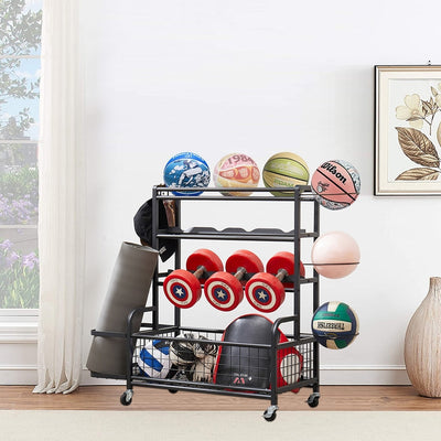 4 Tier Metal Storage Rack With Rolling Wheels Yoga Mat Organizer, Larger Ball Storage Rack