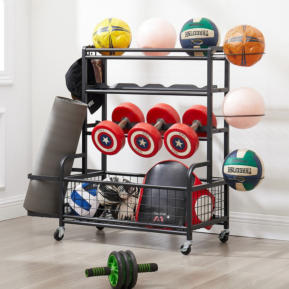 4 Tier Metal Storage Rack With Rolling Wheels Yoga Mat Organizer, Larger Ball Storage Rack