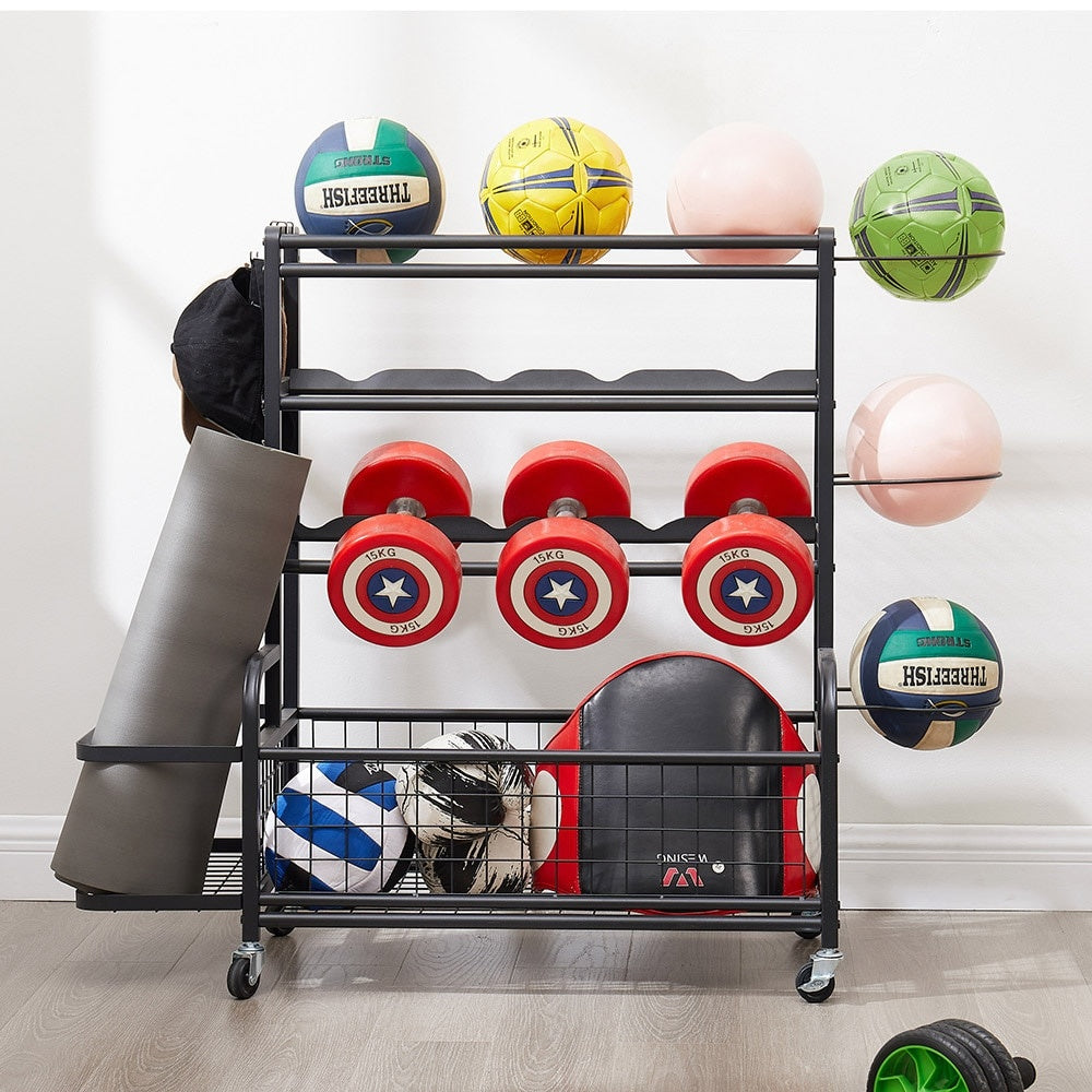 4 Tier Metal Storage Rack With Rolling Wheels Yoga Mat Organizer, Larger Ball Storage Rack