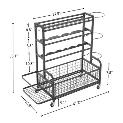 4 Tier Metal Storage Rack With Rolling Wheels Yoga Mat Organizer, Larger Ball Storage Rack